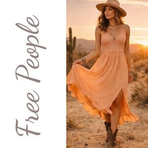 Free People Adella Maxi Dress Peach Lace Boho Prairie Cottagecore Festival Med